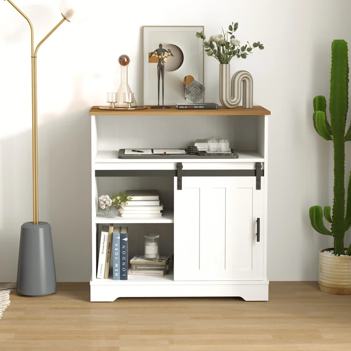 31.5″ Wide Modern White + Walnut Sliding Door Entry Cabinet, Chest with One Open Shelf