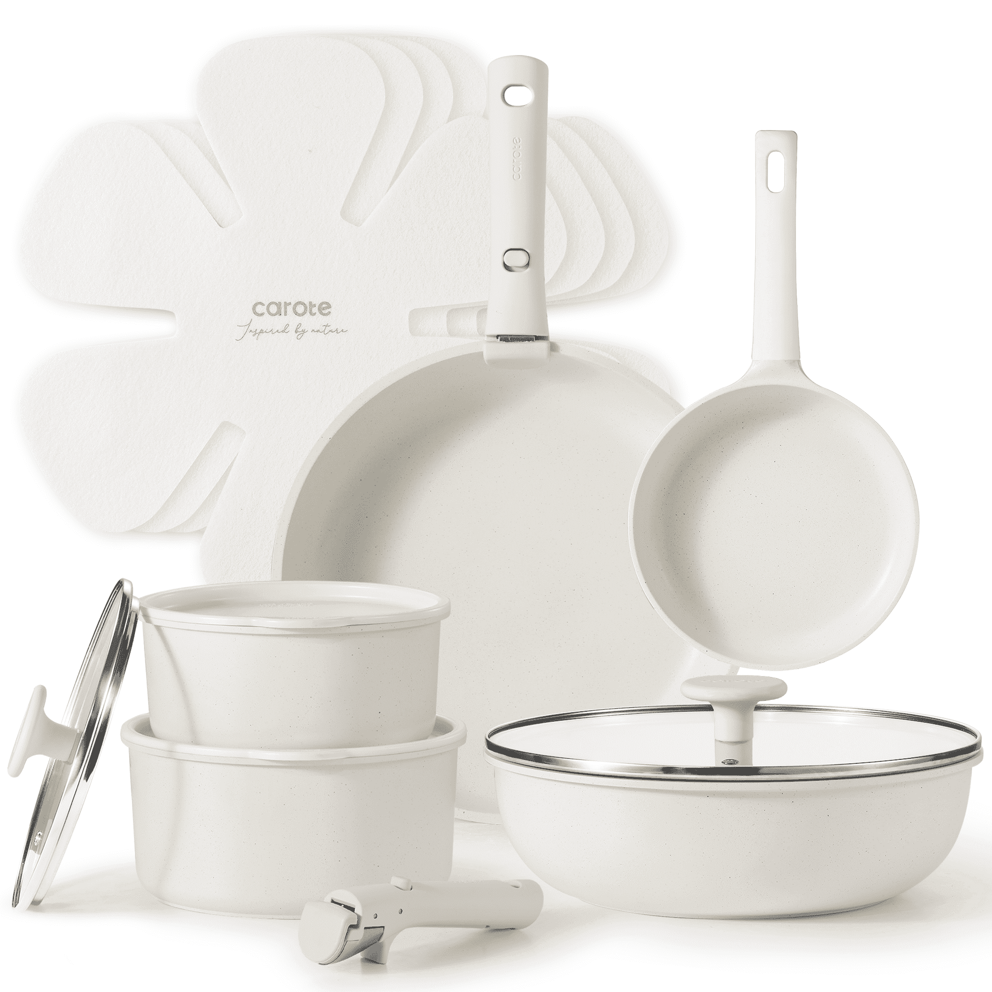Carote Nonstick Cookware Sets, 15 Pcs Non Stick Pots and Pans Set with Removable Handle, White