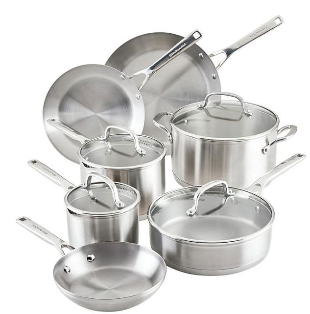 KitchenAid® 3 Ply Base Stainless Steel 11 Piece Cookware Set, Brushed Stainless Steel