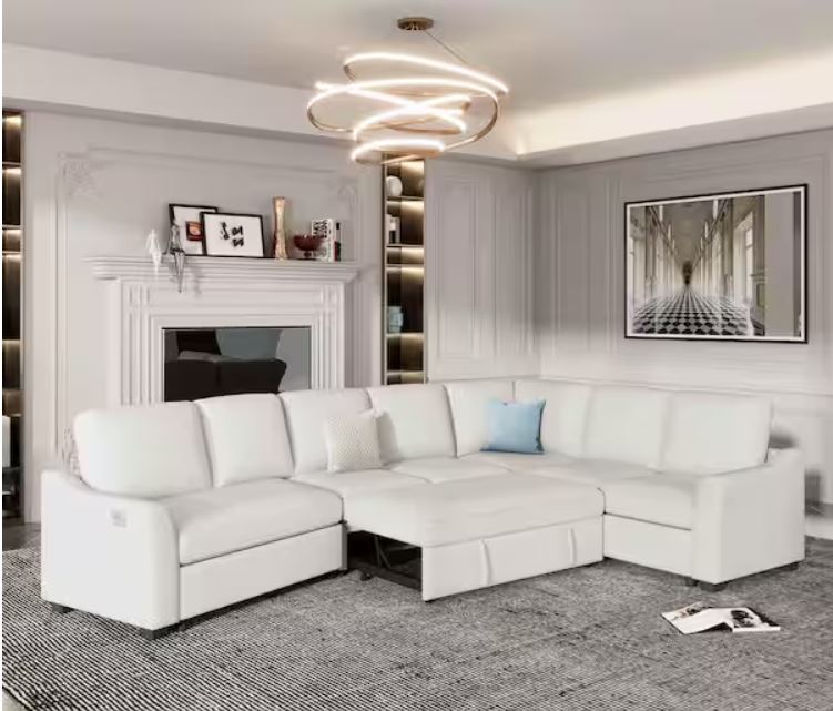 129.5 in. Square Arm Chenille L -Shaped Sofa with Pull-Out Bed Modern L-Shape Couch Bed with USB Charging Port in Beige