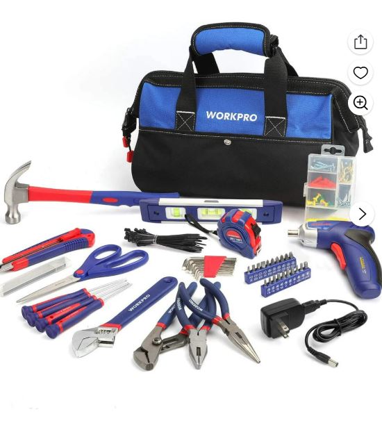 WORKPRO 125-Piece Household Tool Kit – 3.6V Rechargeable Screwdriver & Home Repair Basic Tool Set with 13-inch Easy Carrying Tools Bag, 125 Pcs (W009068A)