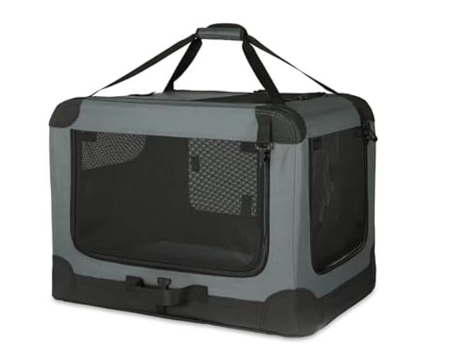 Amazon Basics 4-Doors Portable Soft-Sided Folding Travel Crate Kennel for cat, Dog, and Other Small Animals, Grey, M 30″ x 21″ x 21″