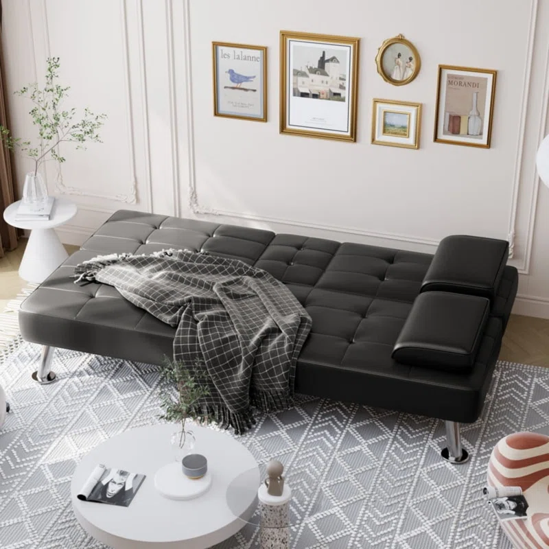 Futon Sofa Bed Convertible Folding Faux Leather Couch with 2 Cup Holders