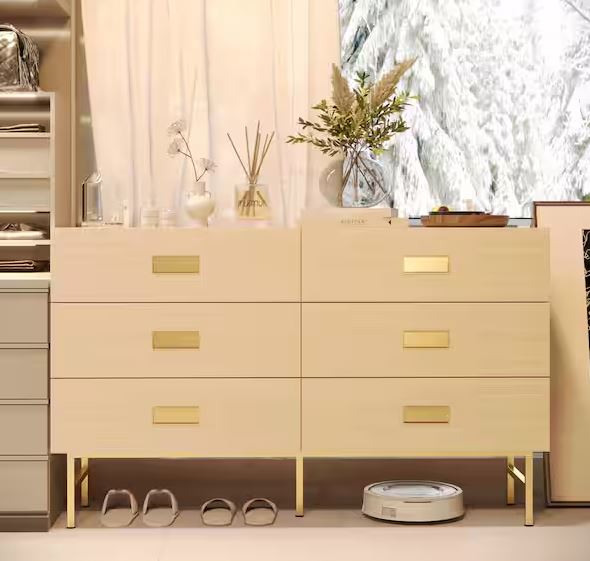 Yellow Wooden Grain 6-Drawers 55 in. W Dresser, Chest of Drawers, Storage Cabinet Without Mirror
