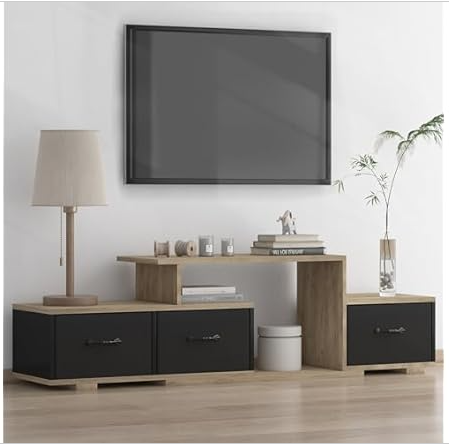 Mid Century TV Stand with 3 Fabric Drawers and Shelf, Modern Television Stands Wooden Finish TV Cabinet Media Entertainment Center – Rustic Brown (Brown, 63″ W)