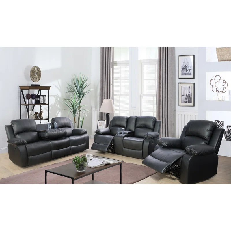 3 Piece Vegan Leather Manual Reclining Living Room Sofa Set