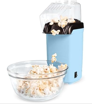 Tasty Hot Air Popcorn Popper, Healthy and Delicious Popcorn in Minutes, Fast and Easy-to-Use, Built-In Measuring Cup and Butter Warmer, 8 Cups, Blue