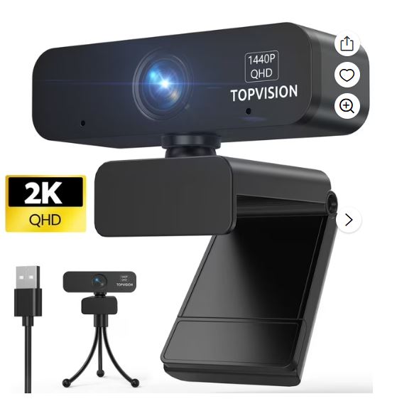 TOPVISION ZC08 2K Web Cam with Adjustable Mount & Tripod (Stand), Black, New