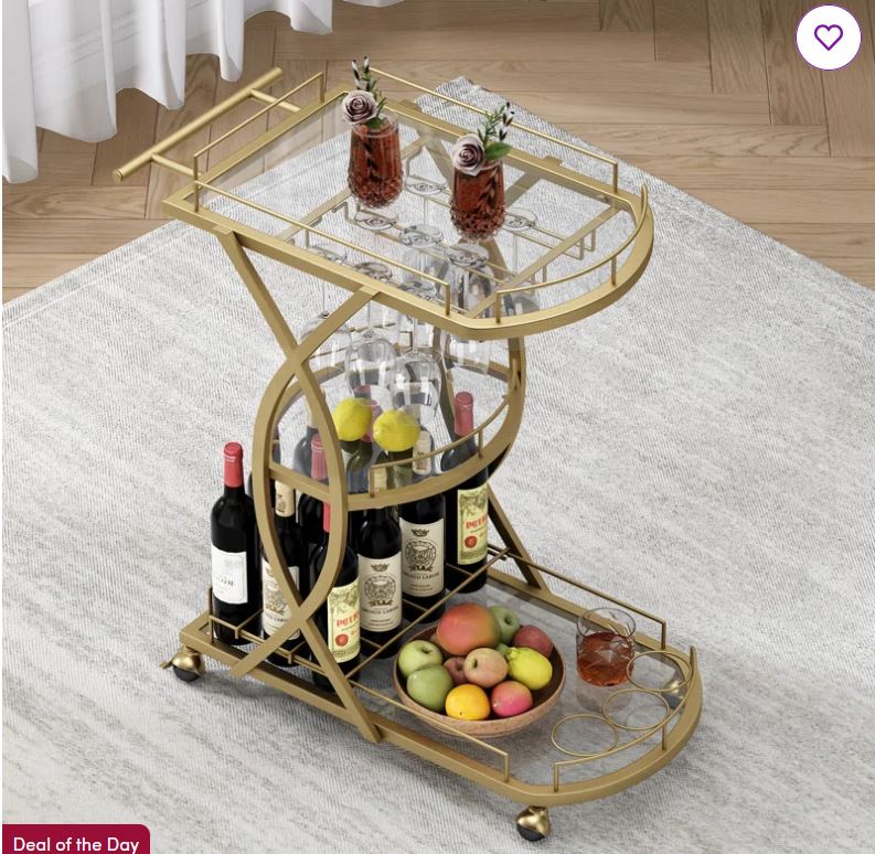 Bairoil Metal 3 Tiers Bar Cart with Wine Glass Storage
