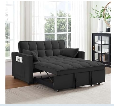 SumKea Pull Out Couch Bed Sleeper Sofa, Velvet 3-in-1 loveseat Sofa Bed with Pull-Out Bed, Two Throw Pillows, Balck