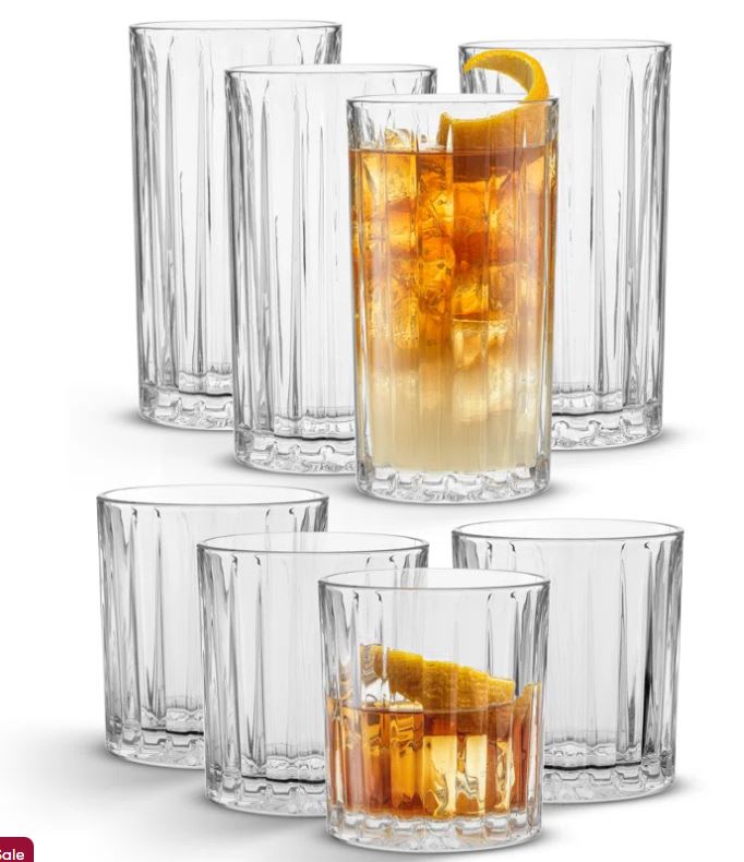 JoyJolt Alina Ribbed Highball and DOF Drinkware Glasses (Set of 8)