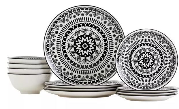 12 Pc. Black Pad Print Dinnerware Set, Service for 4