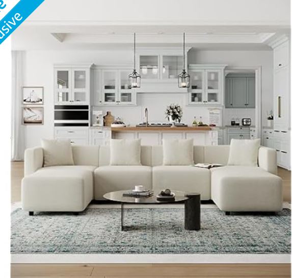 Acanva Convertible Modular Sectional Sofa, Modern Linen-Like Fabric Living Room Furniture Set with Reversible Chaise Lounge, Cream U-Shape Couch