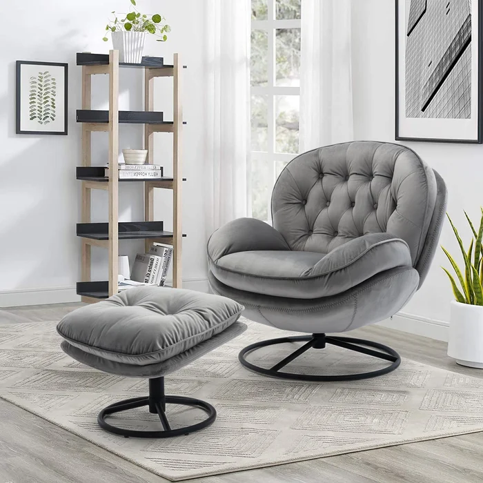 Anouk Tufted Back Type Swivel Base Accent Chair with Ottoman
