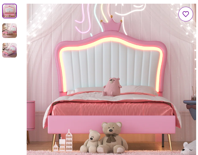 PU Upholstered Princess Bed with LED lights, Crown Decor Adjustable Headboard