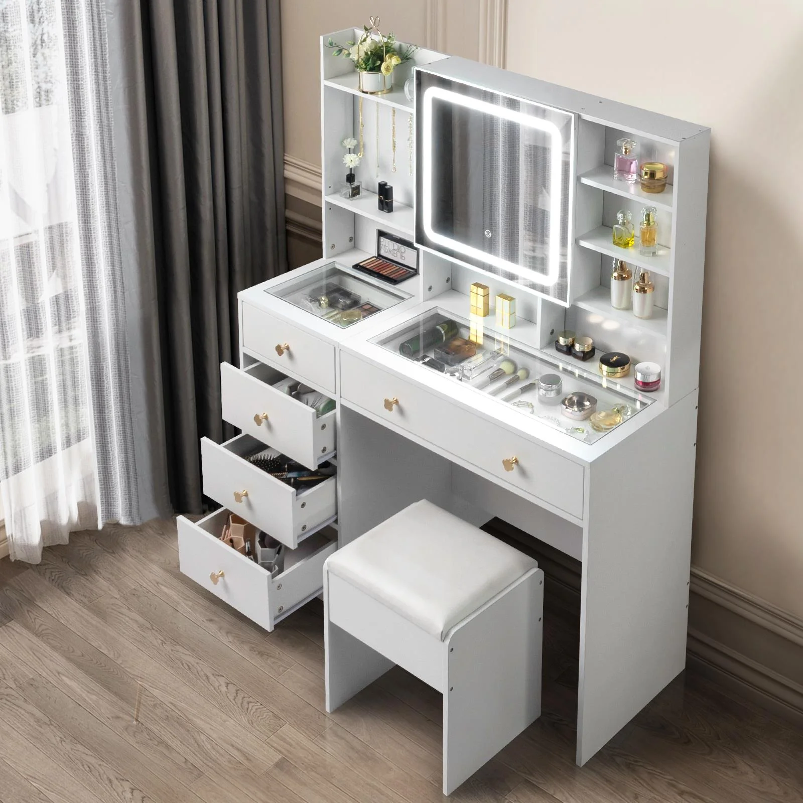 Ktaxon Large 47.2″ Makeup Vanity with 3 Color Lights, Vanity Desk with USB Charging Station, Vanity Makeup Table with Visible Drawers, Hidden and Open Storage Shelves, White