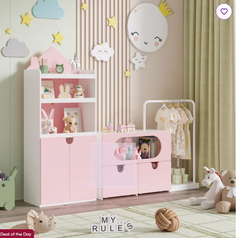 55.9” H x 69.3” W Kids Bookcases with Removable Drawers, with Clothes Drying Rod