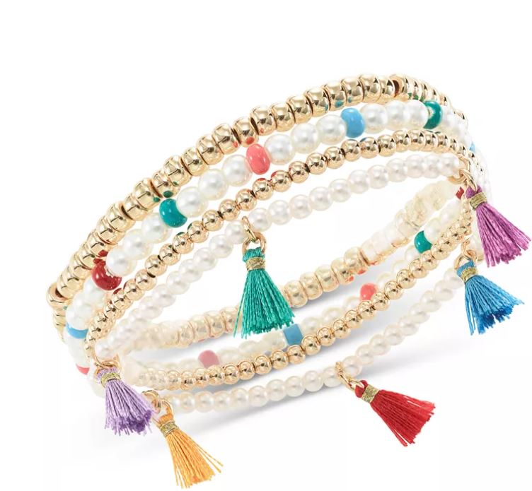 4-Pc. Set Bead, Imitation Pearl & Tassel Stretch Bracelets, Created for Macy’s