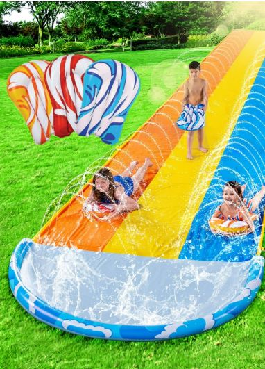 Syncfun 22.5ft Triple Water Slide and 3 Inflatable Boards, Backyard Summer Lawn Water Slides Waterslide and Slip Sprinkler Water Toy for Kids Adults Outdoor Fun