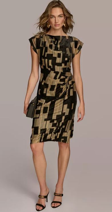 Women’s Printed Velvet Extended-Shoulder Dress