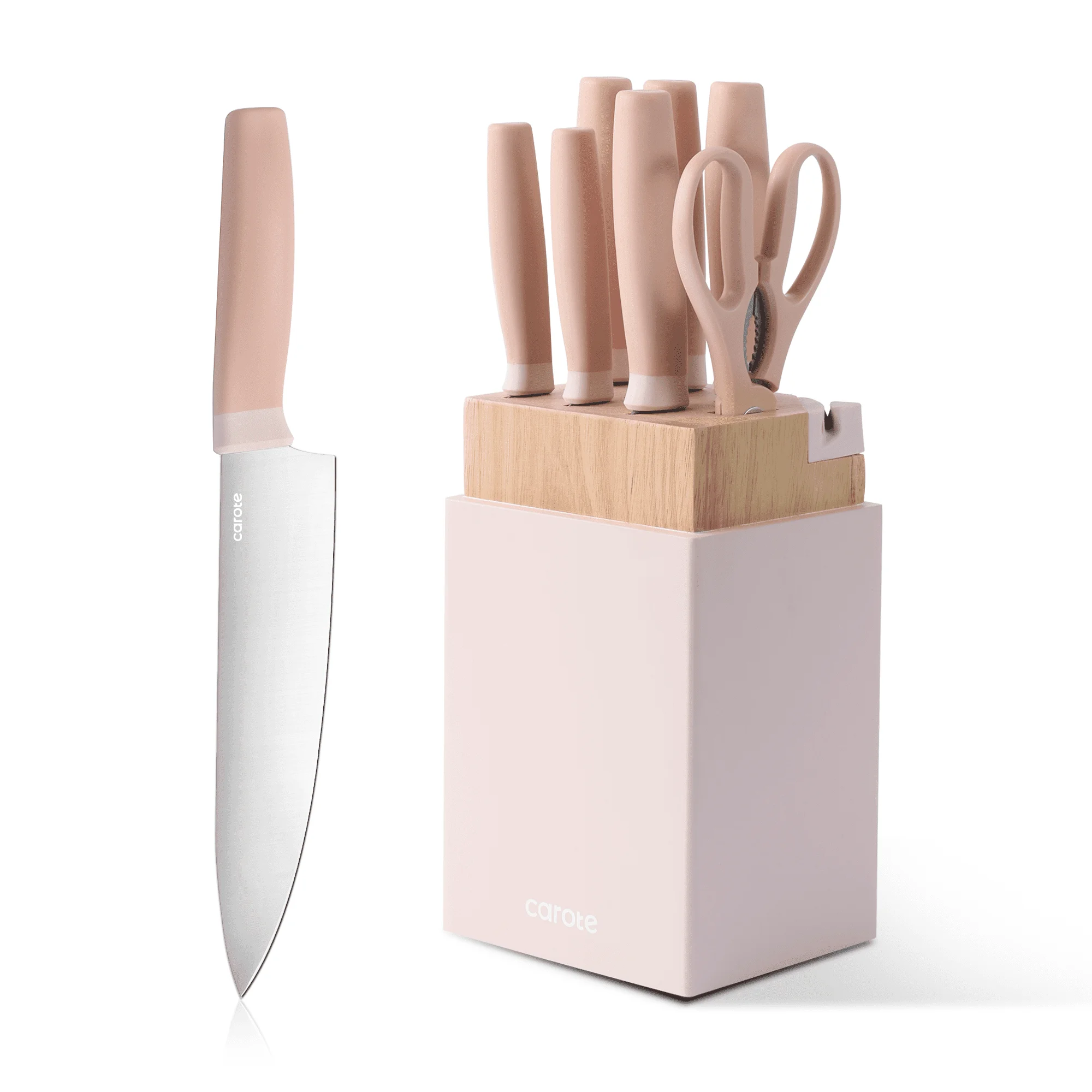 Carote 9Pcs Knife Set with Wooden Block Stainless Steel Knives, Dishwasher Safe, Pink