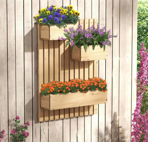 Costway Wall Mounted Garden Planter with 3 Planter Boxes Drainage Holes Non-woven Liners