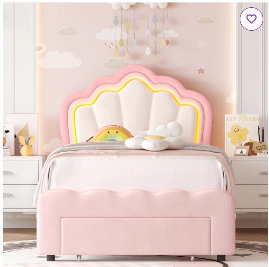 Avalie Upholstered LED Bed with Drawer & Adjustable Headboard, Kids Beds