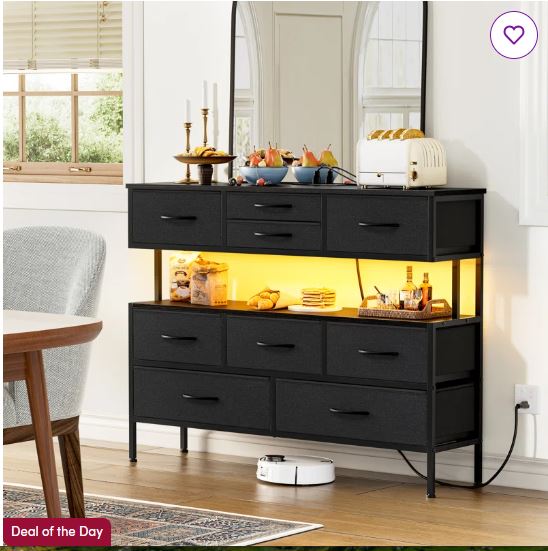 Cheo 9 – Drawer Dresser With Power Outlet & LED,55” TV Stand With Fabric 9 Drawers, 43″W Dresser For Bedroom Living Room