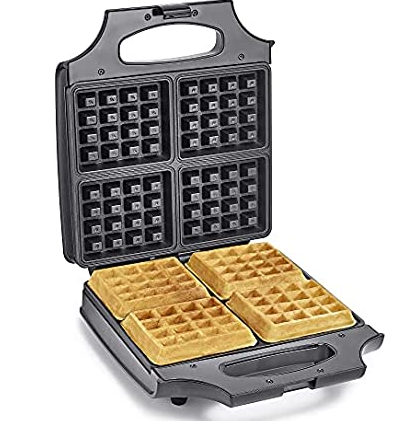 BELLA Classic Waffle Iron, 4 Square Belgian Waffle Maker, Non-stick Extra Large Plates for Easy Cleanup, Cool Touch Handles, Stainless Steel, Black, 1400W