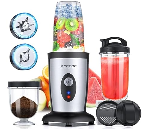 Acezoe Blender Shakes and Smoothies, 850W Portable Blender, One-Button Mixer, 3D 6-leafs, 2x17oz Personal Blender Bottle, BPA Free Kitchen, baby food, Grinding, Juice-Silver