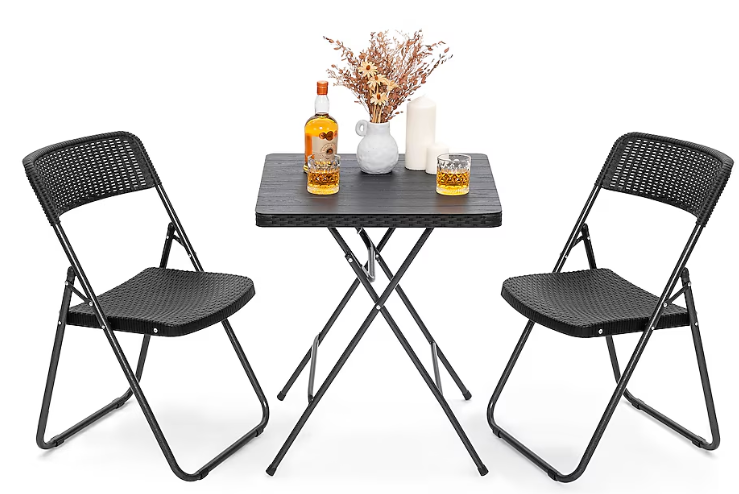 Nuu Garden 3 -Piece Black Rattan Bistro Patio Dining Set Iron Square Table with 2 Stationary Chairs