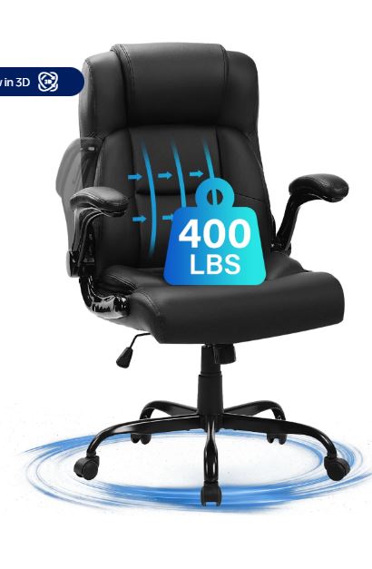 JONPONY Big and Tall Office Chair 400LBS Wide Seat Ergonomic Computer Desk Chair High Back Executive Leather Chair Adjustable Task Chair Lumbar Back Support 8 Hours Heavy Duty Design,9189,Black