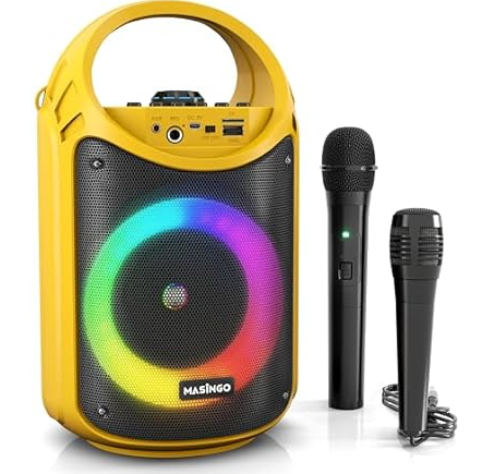MASINGO Karaoke Machine for Kids and Adults with 1 Wireless Karaoke Microphone and 1 Wired Mic, PA Portable Speaker with LED Lights