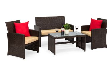 Best Choice Products 4-Piece Outdoor Wicker Patio Conversation Furniture Set w/ Table, Cushions – Brown/Beige