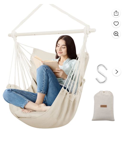 Large Hammock Chair Swing, Relax Hanging Rope Swing Chair with Detachable Metal Support Bar & Two Seat Cushions, Cotton Hammock Chair Swing Seat for Yard Bedroom Patio Porch Indoor Outdoor