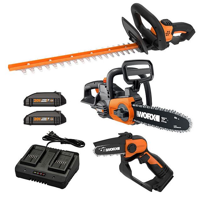 Worx 22″ Hedge Trimmer, 5″ Pruning Saw, 10″ Cordless Chainsaw Combo Kit