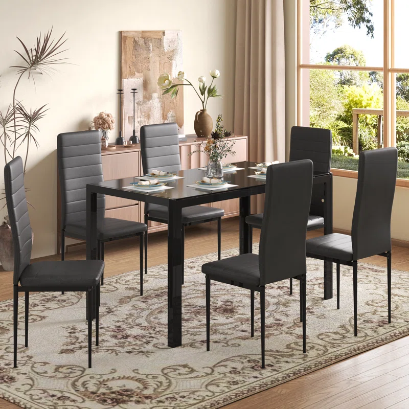 Ebern Designs 7-piece Glass Top Dining Table Set, Kitchen Table And 6 Luxury Faux Leather Chairs, Home Furniture Rectangular Modern, Black