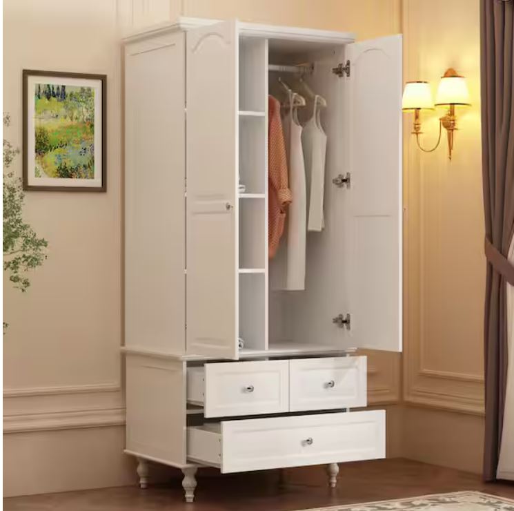 White Paint Wood 2-Door Armoires with Hanging Rod, 3-Drawers, Adjustable Shelves 70.9 in. H x 31.5 in. W x 19.7 in. D