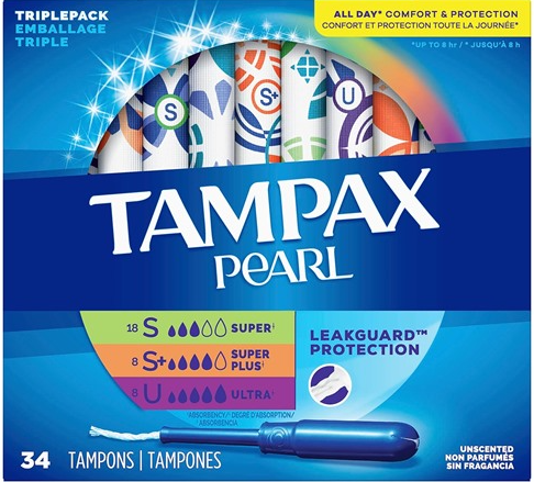 Tampax Pearl Tampons Trio Pack, Super/Super Plus/Ultra Absorbency 34 Count