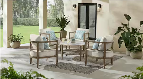 Saddle View Brown 5-Piece Metal Patio Conversation Set with CushionGuard Charter Almond Biscotti Cushions