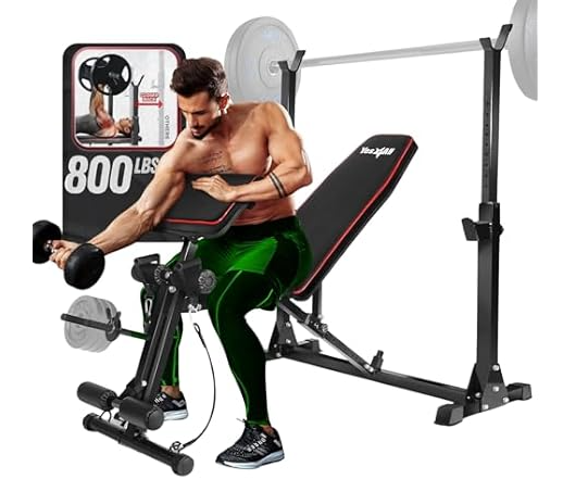 Yes4All Adjustable Weight Bench with Rack, 800lbs Workout Bench Press with Leg Extension, Preacher Curl Pad & Resistance Bands for Home Gym