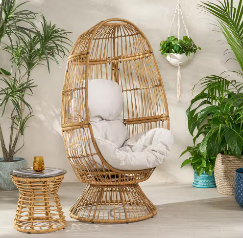 Pintan Light Brown Swivel Faux Rattan Outdoor Patio Lounge Chair with Beige Cushion