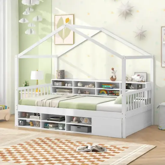 Costway Twin Size House Bed Wooden Platform Bed Frame with Roof & 14 Storage Cubes – White