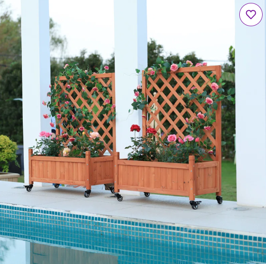 2 Piece Mobile Outdoor Raised Garden Bed Wood Planter Box with Trellis