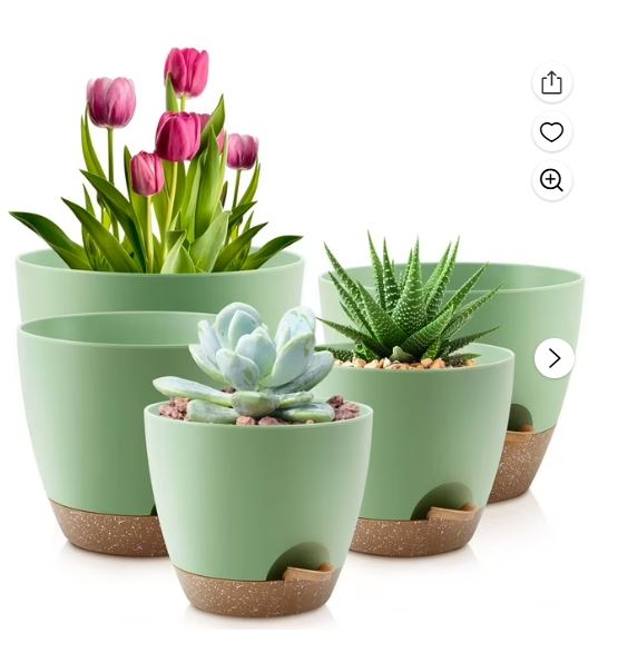 FOUKUS Set of 5 Green Self Watering Plastic Plant Pots with Drainage Holes – Eco-Friendly Indoor/Outdoor Flower Planters for Succulents, Cactus, Snake Plants – Sizes: 7″, 6.5″, 6″, 5.5″, 5″
