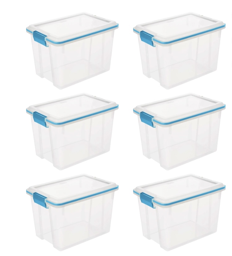 Sterilite 20 Qt Gasket Box, Stackable Storage Bin with Latching Lid, 6 Pack