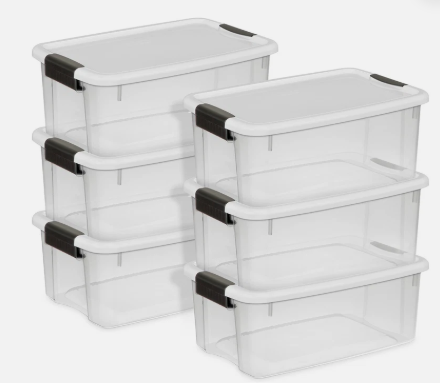 Sterilite 18 Qt Clear Plastic Stackable Storage Bin w/ White Latch Lid, (6 Pack)