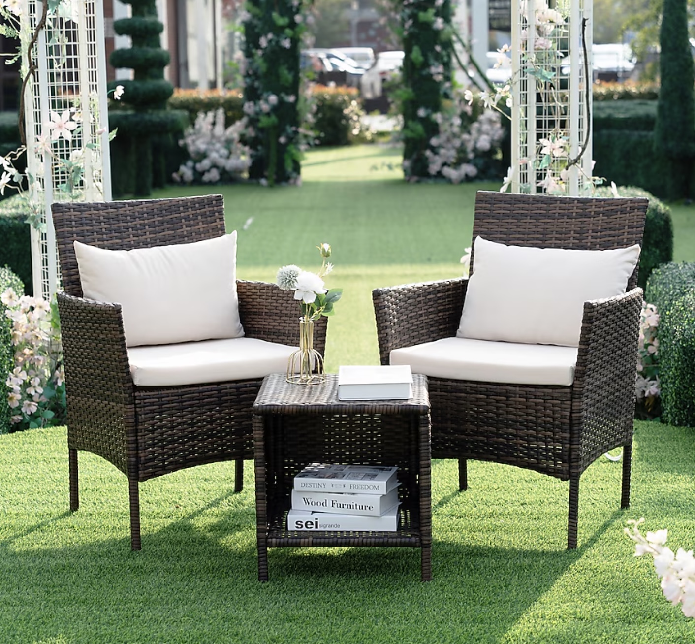 Grearden 3 -Piece Wicker Patio Conversation Set with Off-white Cushions