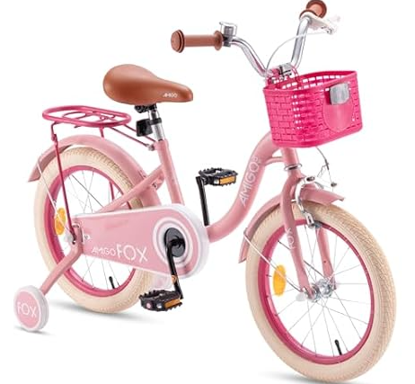 RoyalBaby Toddlers Kids Bike, 14 Inch Girls Bicycle with Basket and Training Wheels for 3-4 Yeas, Children Cycle Bikes AMG Fox, Pink