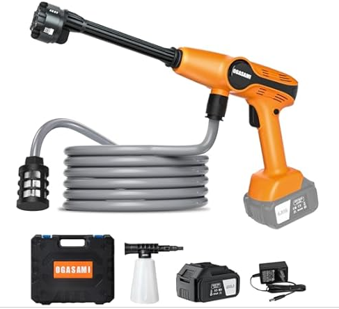 Portable Pressure Washer Cordless, 1.85MPa Pressure Washer 4Ah Rechargeable Li-Ion Battery Powered with 100-240V Wall Charger, 6-in-1 Nozzle and Foam Cannon